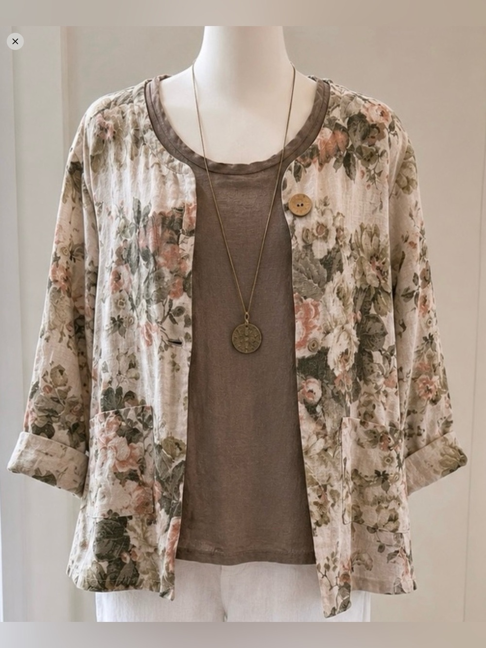 LINEN Luv XXL Floral Linen Jacket & Taupe Linen Tank 2-Piece Set